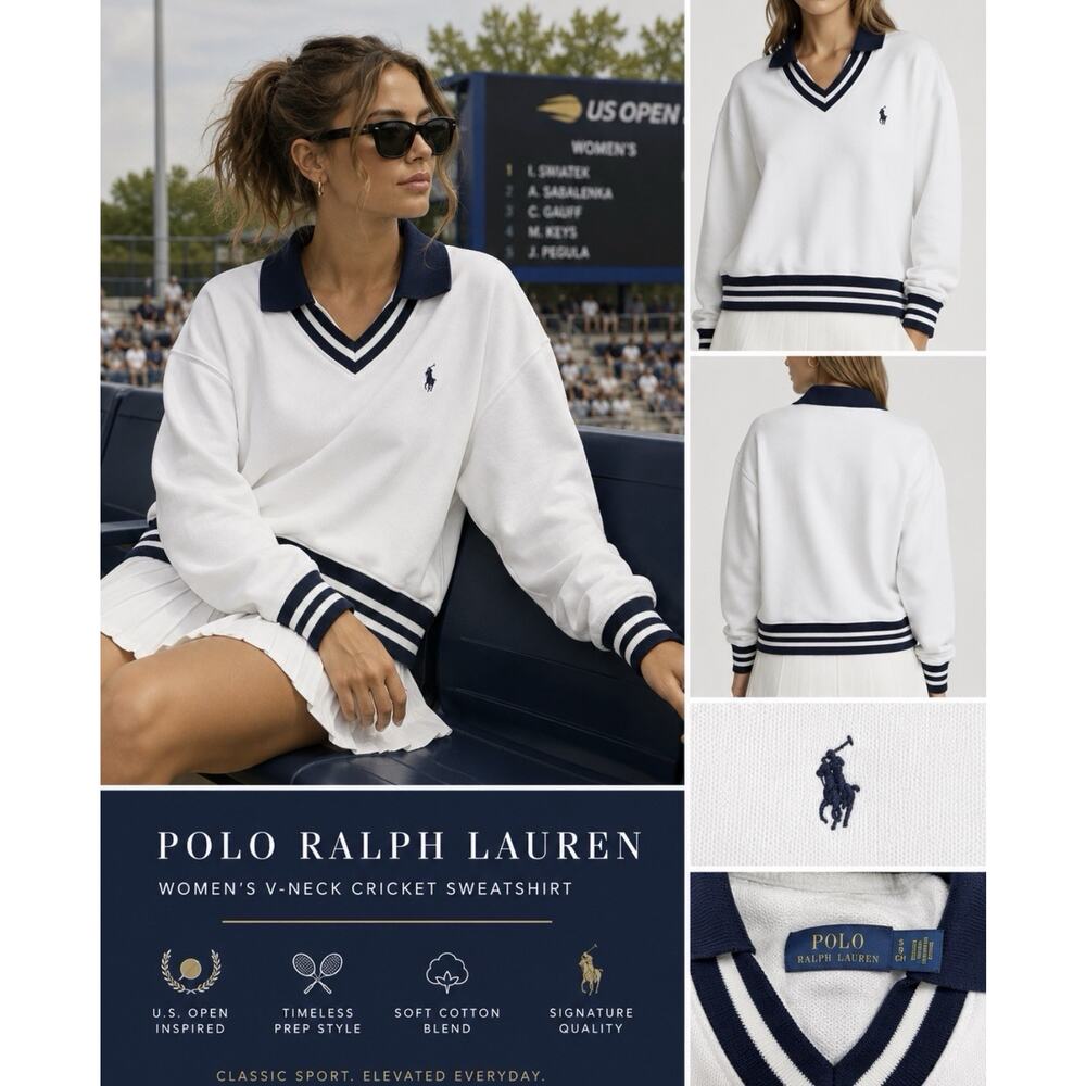 Ralph Lauren White V-Neck Cricket Sweatshirt with Navy Trim